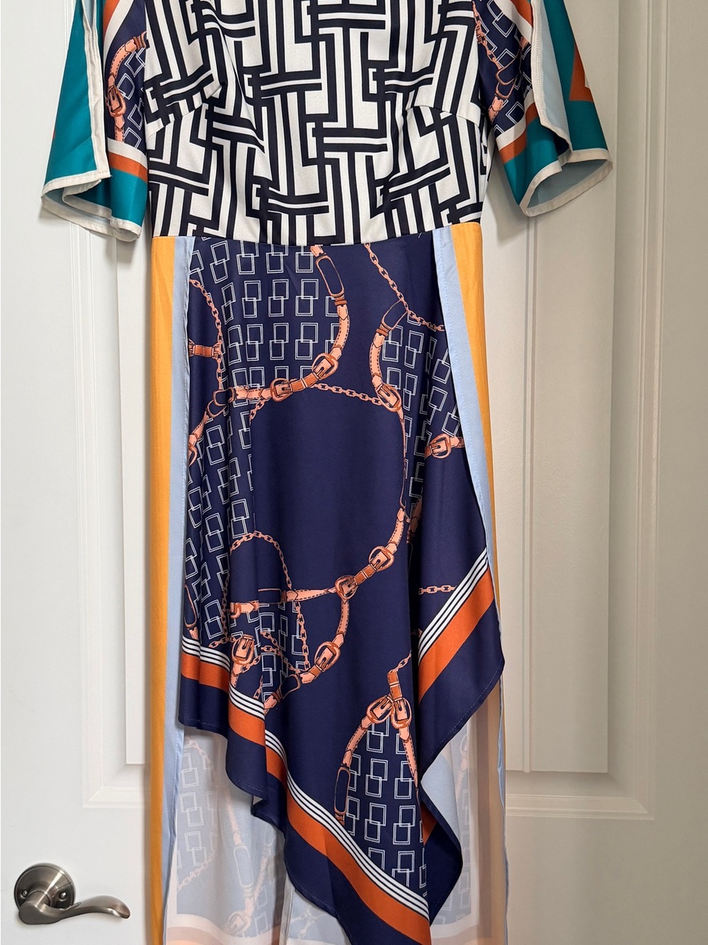 Asymmetric High-Low Skirt in Navy, Orange and Teal